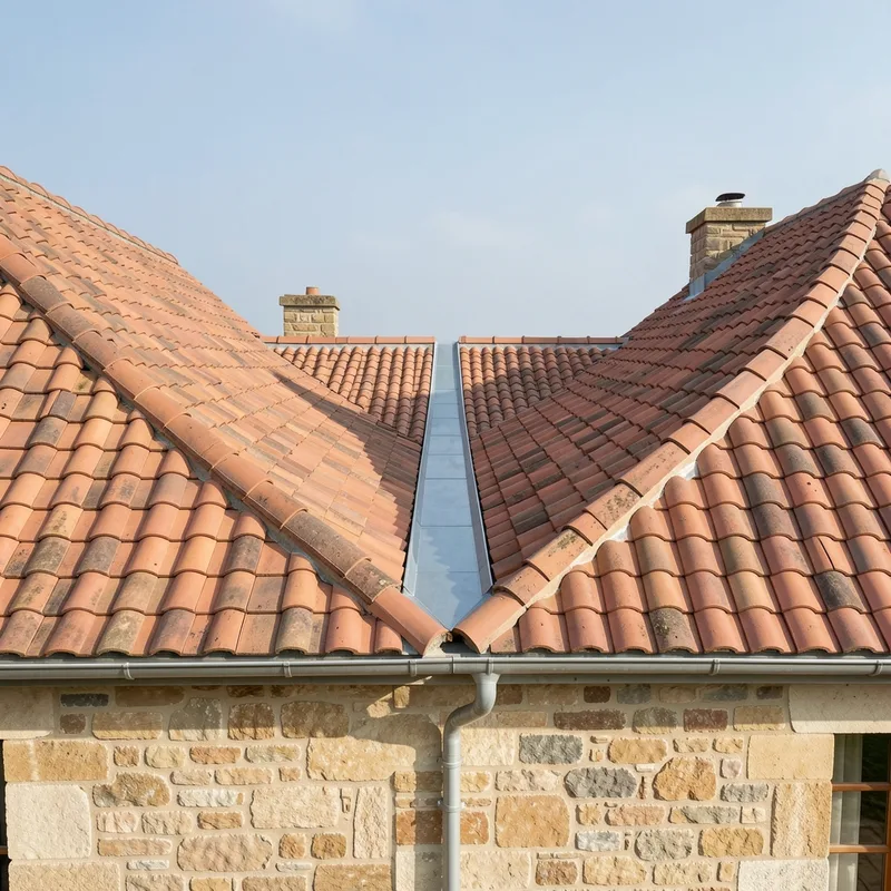 Noue de toiture ouverte en zinc entre deux versants de tuiles rouges, coupes biaises visibles