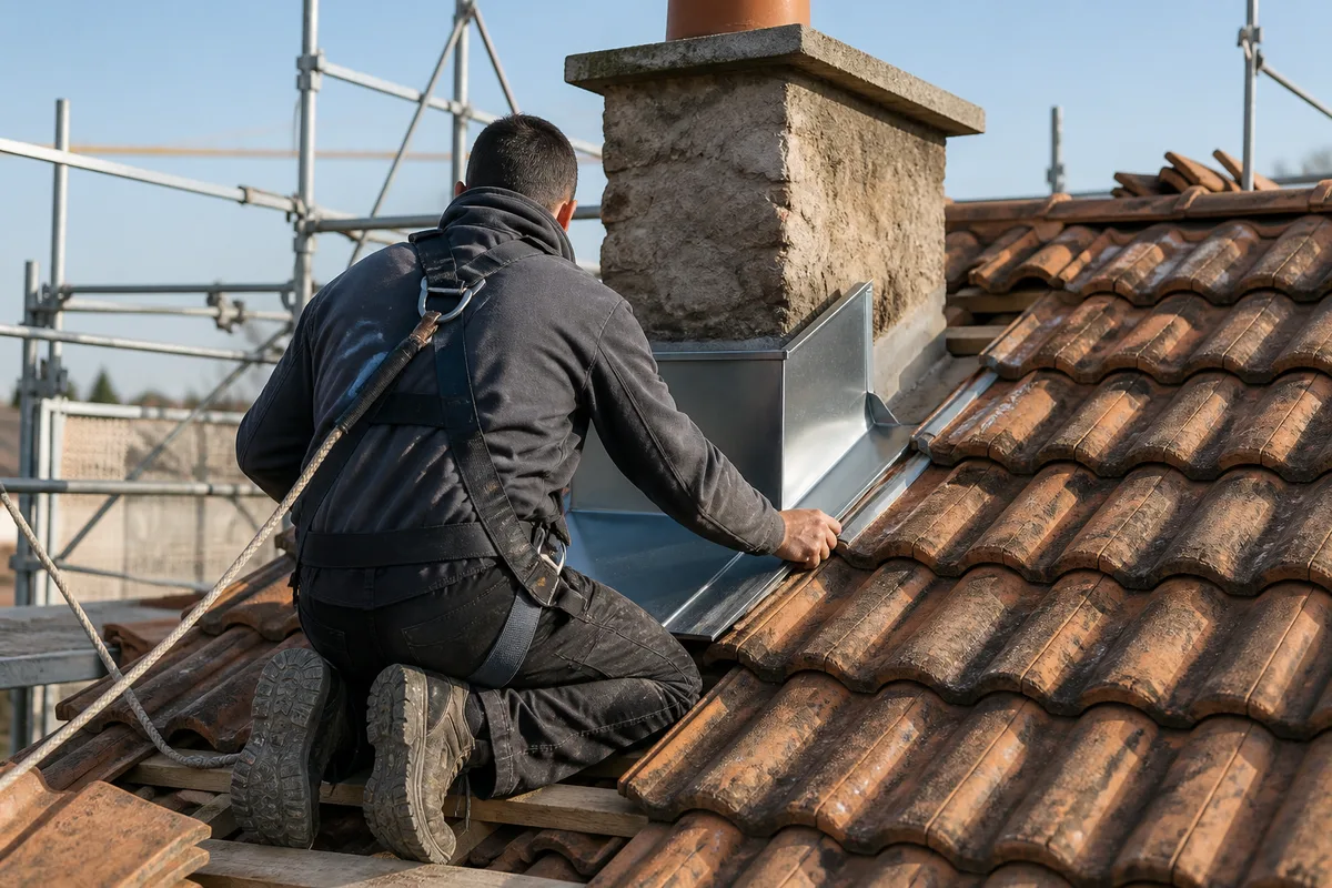 Artisan couvreur zingueur travaillant en sécurité autour d&rsquo;une souche de cheminée sur un toit en tuiles