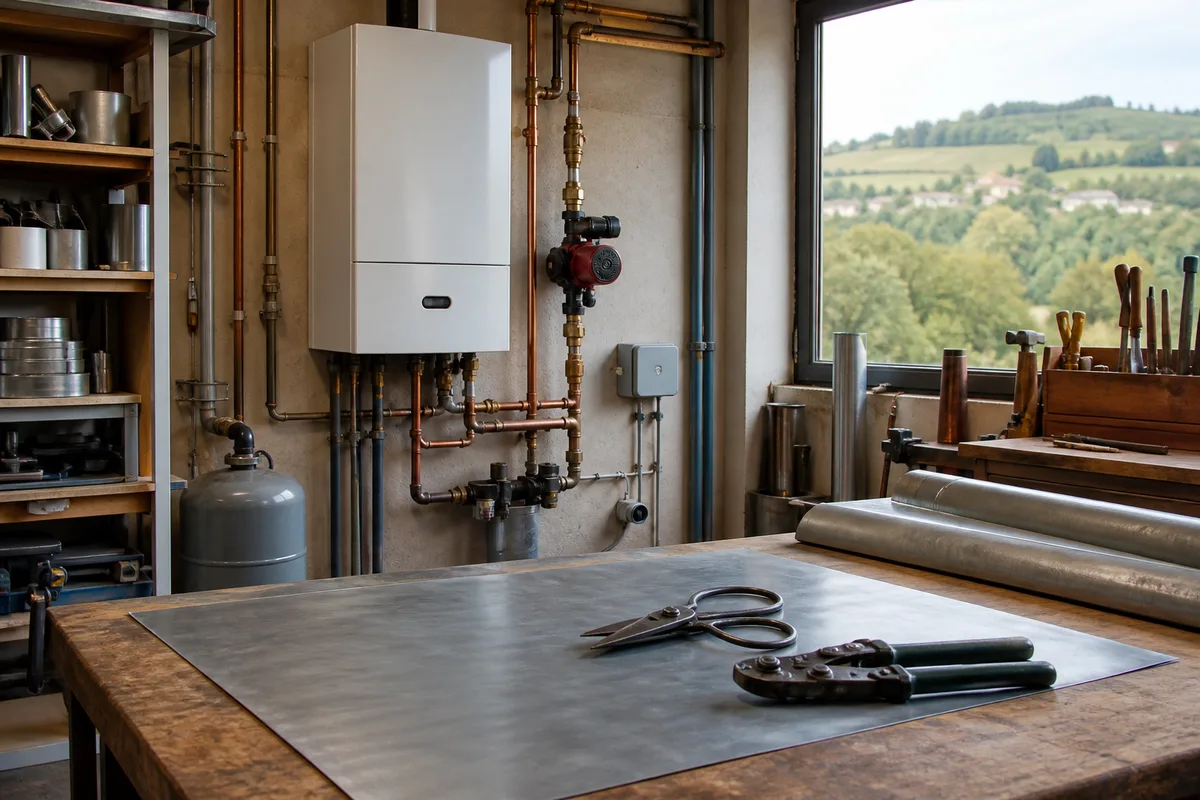 Chaufferie domestique avec générateur mural, circulateur et réseau de tuyauteries