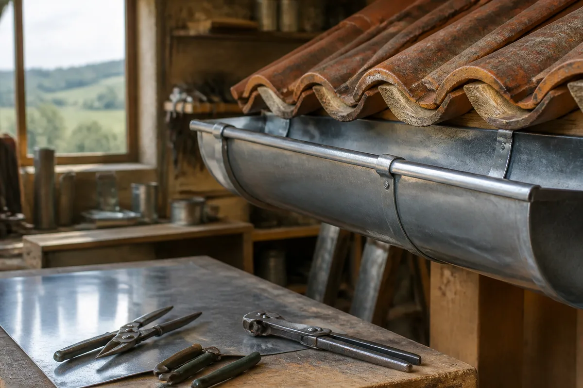 Gouttière en zinc demi-ronde fixée sous la rive d&rsquo;une toiture en tuiles