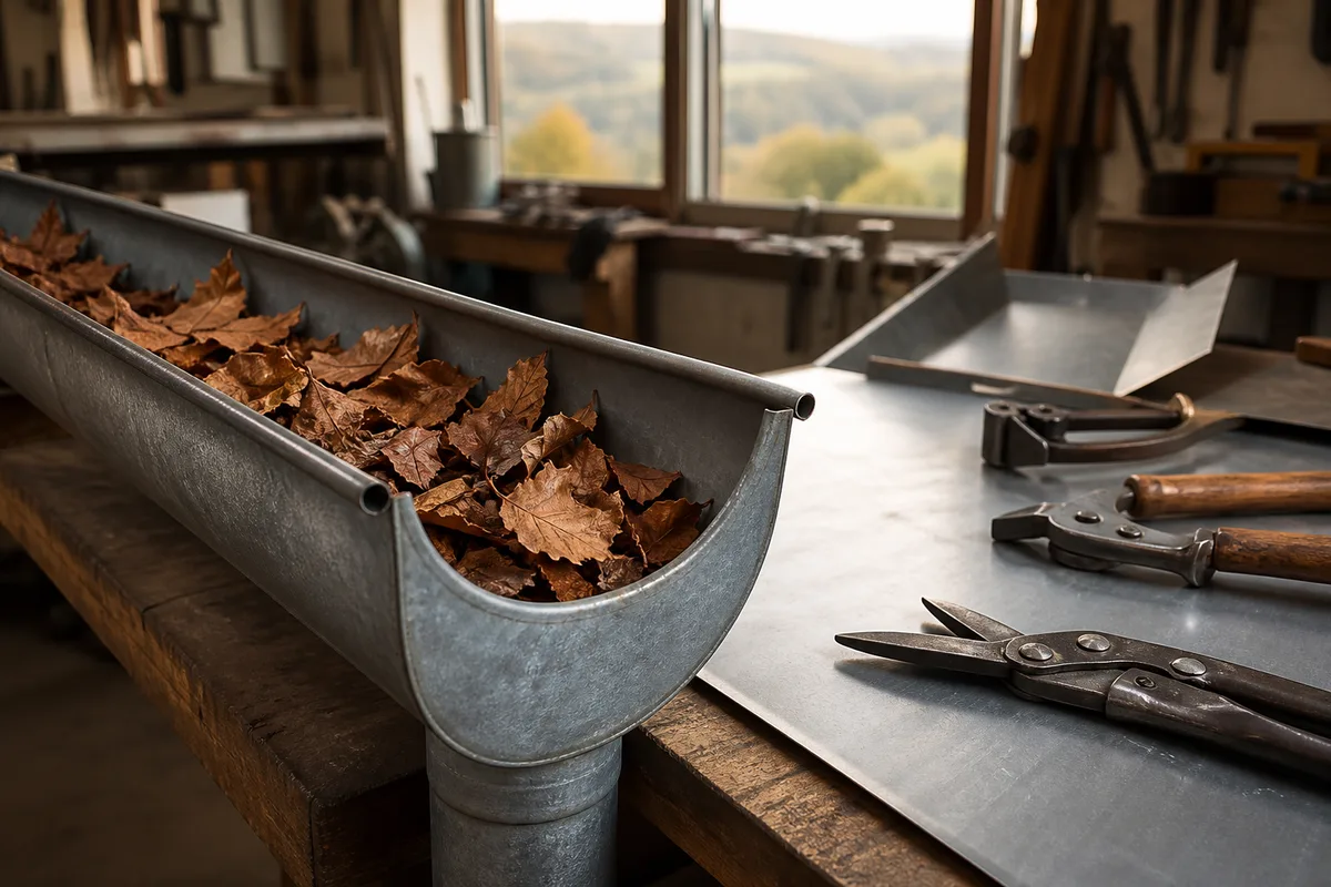 Feuilles mortes accumulées dans une gouttière métallique en automne