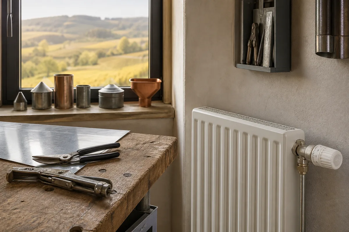 Radiateur de chauffage central et robinet thermostatique dans une pièce rénovée