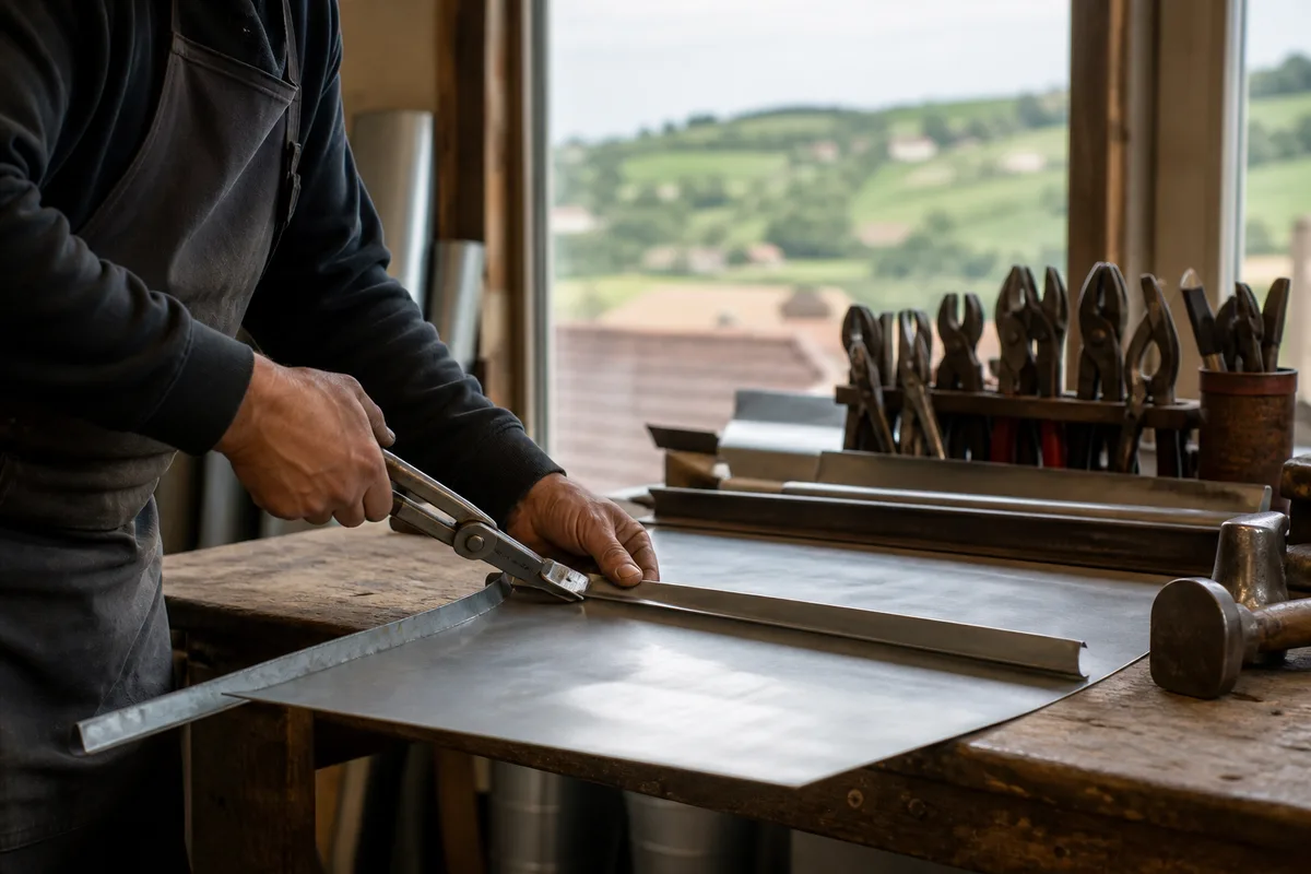 Artisan zingueur façonnant une feuille de zinc sur un établi de chantier