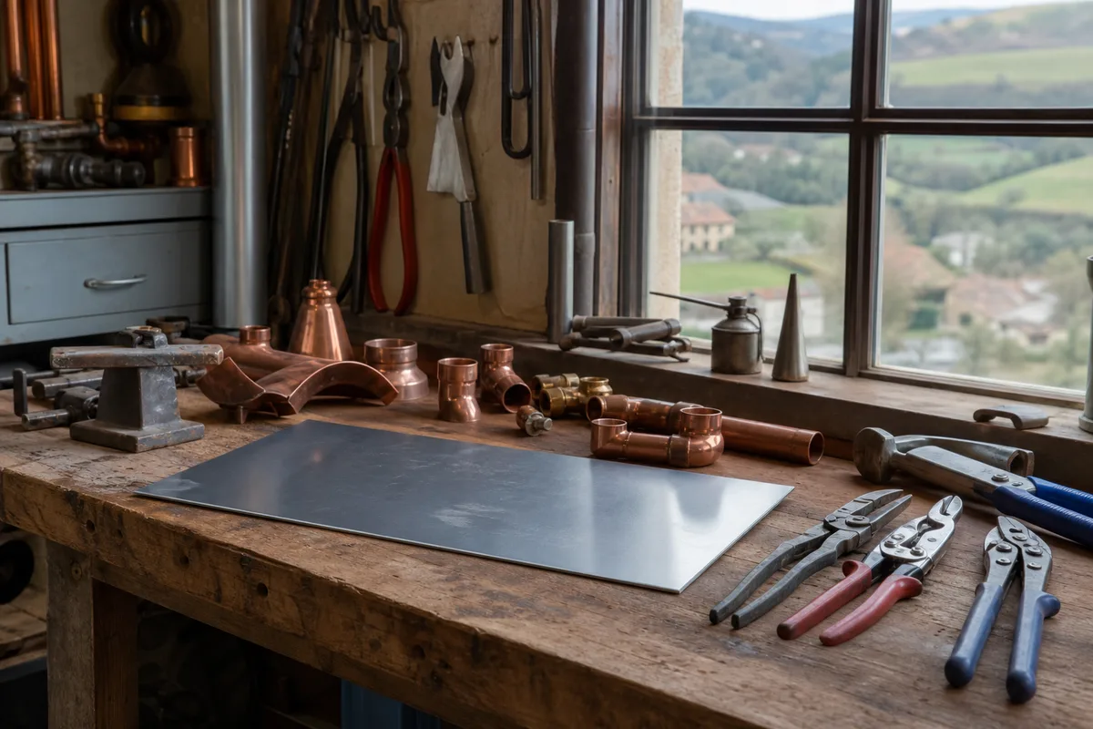 Établi d&rsquo;atelier avec outillage de plomberie et raccords en cuivre