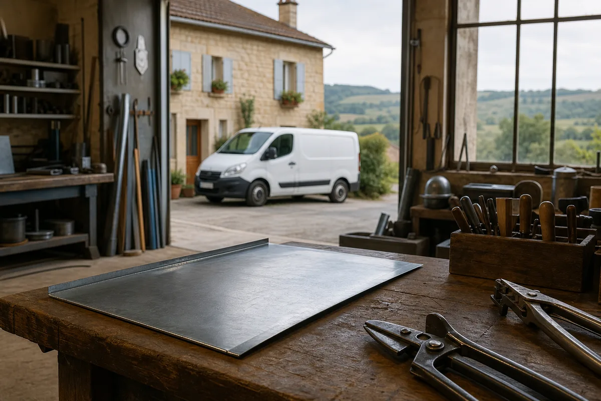 Camionnette d’artisan stationnée devant une maison de village dans l’Ain