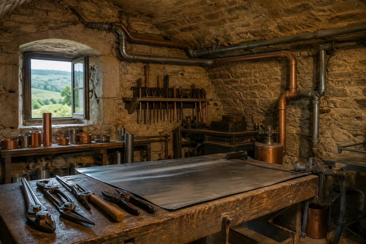 Canalisations et raccords apparents dans la cave voûtée d’une maison ancienne