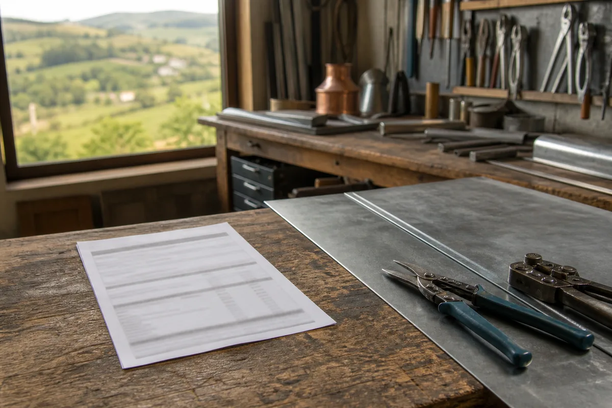Devis de travaux de plomberie posé sur une table à côté d&rsquo;outils